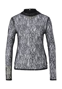 Schwarzes Spitzenoberteil mit langen Ärmeln und hohem Kragen. Verfügt über aufwendige Blumenmuster und eine halbtransparente Textur. Abgerundet mit einem geraden Saum.