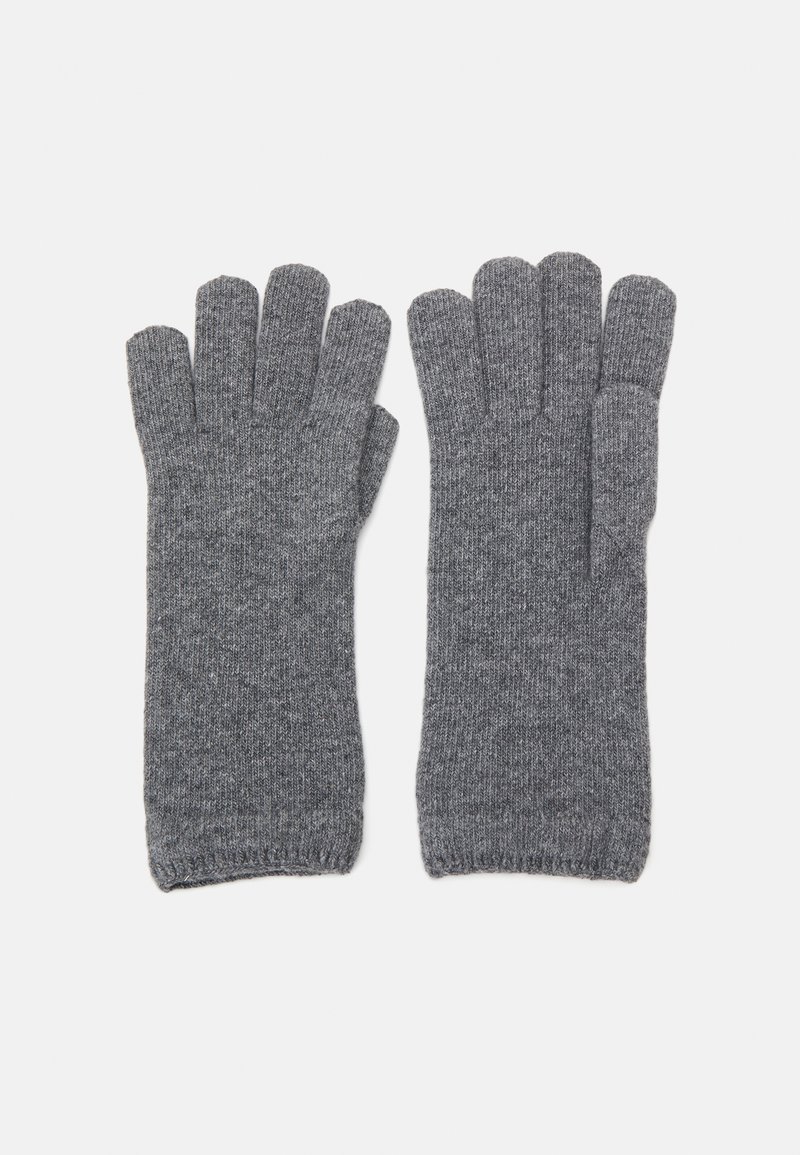 Grijze gebreide handschoenen met een vijfvingerontwerp, een zachte textuur en een geribbelde manchet voor een veilige pasvorm.