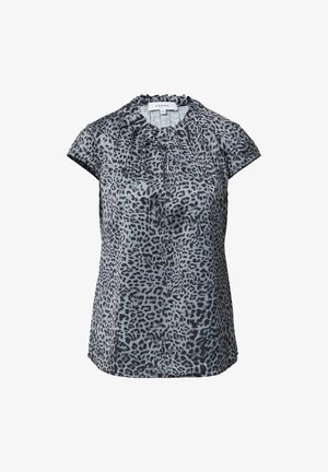 Kurzarmbluse in Grau mit schwarzem Leopardenmuster. Mit gerafftem Ausschnitt und einem weichen, leichten Stoff. Reguläre Passform.