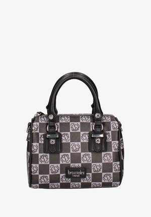 Borsa a mano a scacchi neri e grigi con motivo di rose, hardware argentato, manici doppi e targhetta con logo sul davanti.