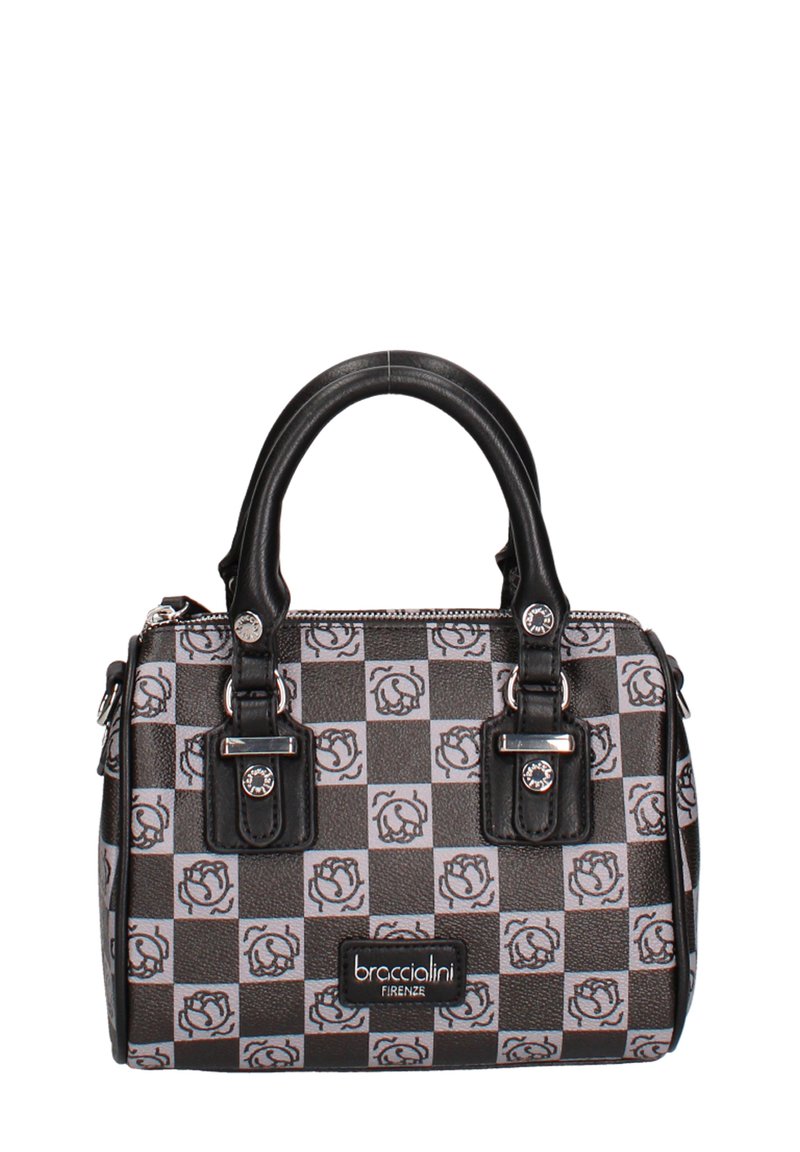 Borsa a mano a scacchi neri e grigi con motivo di rose, hardware argentato, manici doppi e targhetta con logo sul davanti.