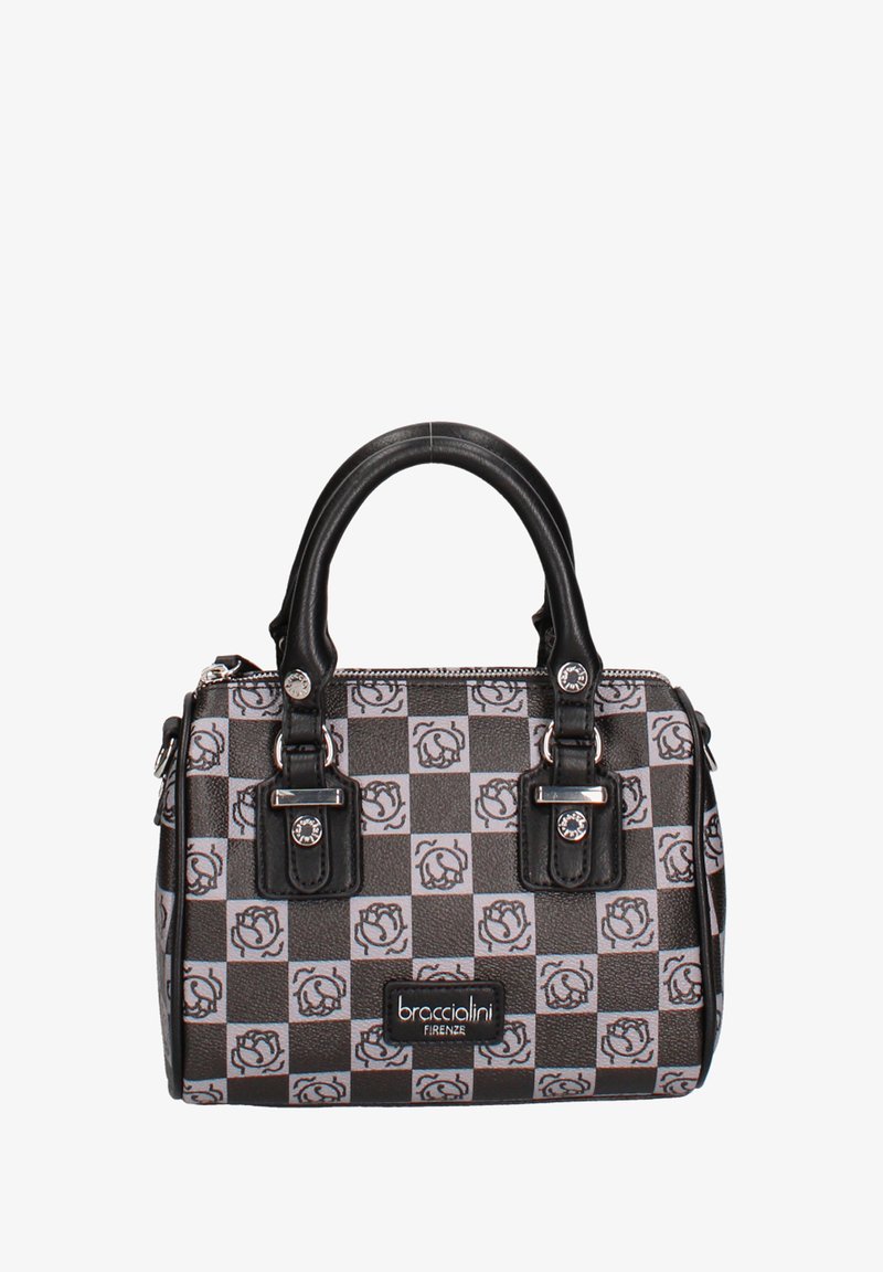 Zwarte en grijze geruite handtas met een rozenpatroon, zilveren hardware, dubbele handvaten en een merkplaat aan de voorkant.
