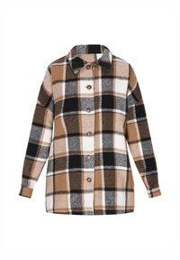 Skjorta i flanell med ett beige, svart och vitt rutig mönster. Har en krage, långa ärmar och bruna knappar framtill.