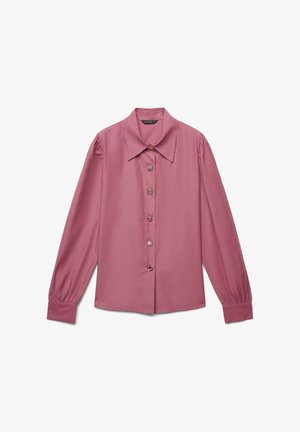 Rose-colored blouse with a classic collar, button-front closure, and long puffed sleeves. Smooth texture and decorative buttons enhance design.