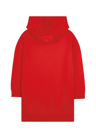 Sweat à capuche rouge avec une texture douce, un design surdimensionné et une grande capuche. Il a des manches longues et une coupe droite en bas.
