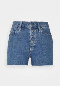 High-waisted blue denim shorts with four metal buttons, front pockets, belt loops, and raw hem detailing.
