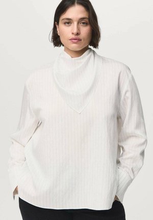 White, long-sleeve shirt with a high neck and V-shaped collar; features subtle vertical pinstripes and a relaxed fit. Soft fabric texture.