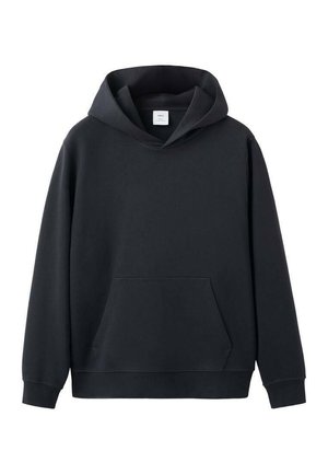 Sort pullover-hoodie med kængurulomme, lange ærmer, ribstrikkede manchetter og søm samt en hætte uden snørebånd.