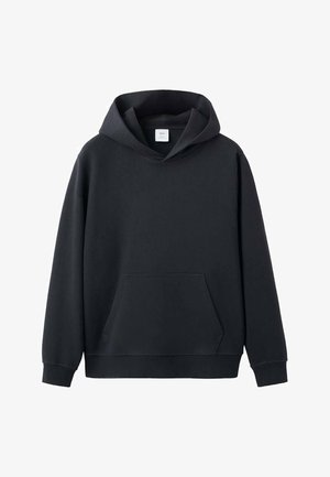 Sort pullover-hoodie med kængurulomme, lange ærmer, ribstrikkede manchetter og søm samt en hætte uden snørebånd.