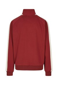 Bordový dlhý rukáv športovej bundy s vysokým golierom a bielymi prúžkami po každom rukáve, zobrazené zozadu.