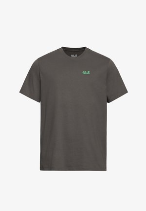Gray cotton t-shirt with a crew neck, short sleeves, and a small green logo on the upper left chest area. Clean design, no patterns.