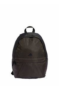 Zaino in tessuto nero con forma arrotondata, tasca frontale e maniglia superiore. Presenta il logo Adidas in nero sulla parte anteriore.
