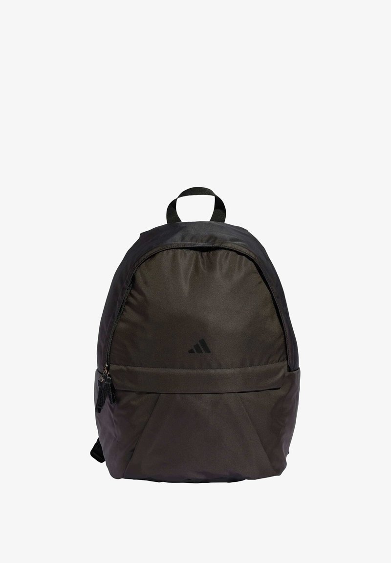 Black fabric backpack with a rounded shape, a front pocket, and a top carry handle. Features the Adidas logo in black on the front.