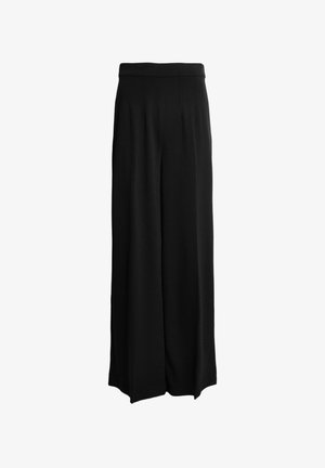 Pantalones negros de pierna ancha con una textura suave y lisa y una cintura alta. Presentan líneas limpias y sin cierres o adornos visibles.