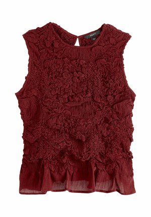 Ärmellose dunkelrote Bluse mit strukturierten Blumenrüschen, Rundhalsausschnitt und kleinem Rückenschlüsselloch mit Knopfverschluss.