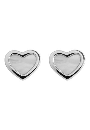 Pair of polished silver heart-shaped stud earrings with smooth, reflective surfaces and slightly raised edges on a white background.
