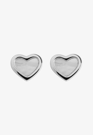 Pair of polished silver heart-shaped stud earrings with smooth, reflective surfaces and slightly raised edges on a white background.
