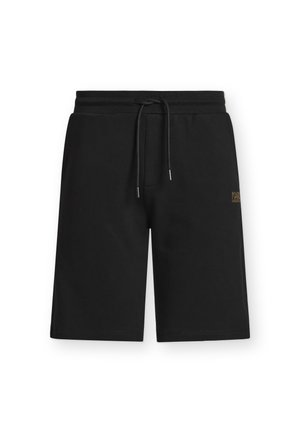 Zwarte shorts tot op de knie met een elastische tailleband en trekkoord, met een klein gouden logo op de rechterdij.