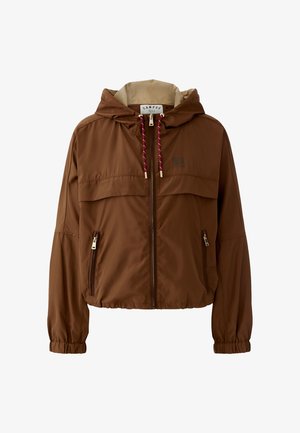 Brown zip-up hooded jacket with elastic cuffs, two front zip pockets, and red-and-white drawstrings on the hood.