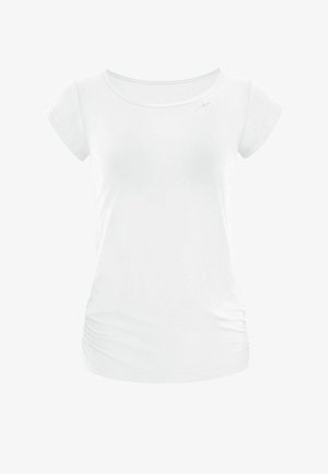 Vit kortärmad t-shirt i mjukt tyg, med rundad halsringning, diskreta sidofållor och en liten logotypdetalj på övre vänstra sidan.