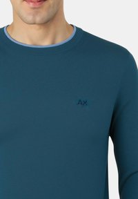 Uomo che indossa un maglione teal a maniche lunghe con bordino azzurro e un piccolo logo ricamato nero "ΔΧ" sul petto.