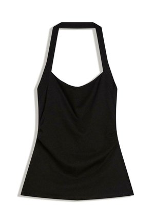 Schwarzes ärmelloses Top mit Neckholder, quadratischem Ausschnitt und leicht ausgestelltem Saum.