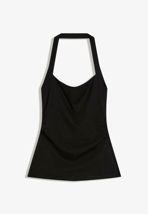 Schwarzes ärmelloses Top mit Neckholder, quadratischem Ausschnitt und leicht ausgestelltem Saum.