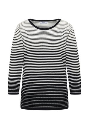 Musta-valkoinen vaakaraitainen pitkähihainen neule pyöreällä pääntiellä ja kapeilla resoreilla hihansuissa.