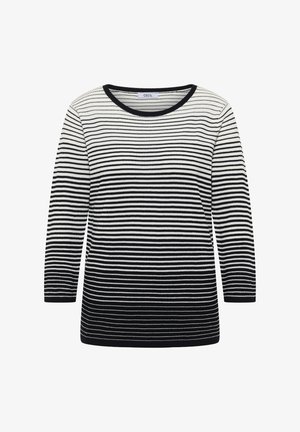 Musta-valkoinen vaakaraitainen pitkähihainen neule pyöreällä pääntiellä ja kapeilla resoreilla hihansuissa.