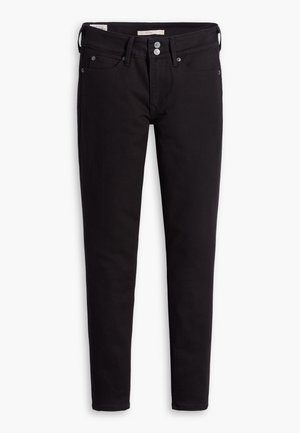 Jeans negros de corte ajustado con cinco bolsillos, trabillas para cinturón y dos botones plateados en la cintura, mostrados extendidos sobre un fondo blanco.