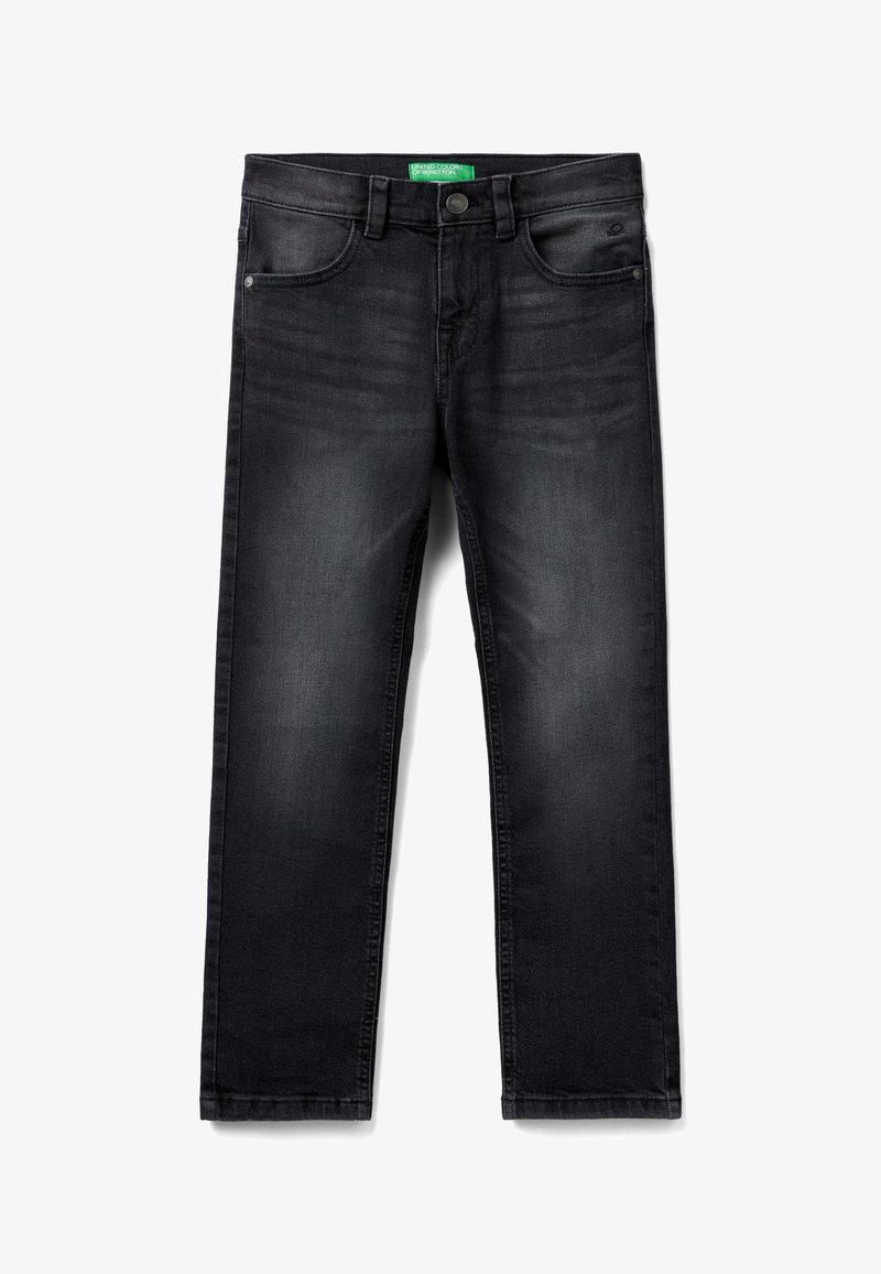 Zwarte spijkerbroeken van denim met een klassieke snit, steekzakken aan de voorkant en een knoopsluiting. Zachte stof met een subtiele textuur en lichte vervaging.