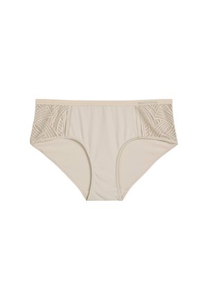 Beige women's briefs with lace panels on sides and smooth fabric in the center, flat waistband, and moderate coverage.