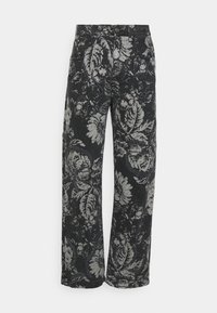 Black denim pants featuring a gray floral pattern, wide legs, and five pockets. The texture appears slightly textured with prominent detailing.