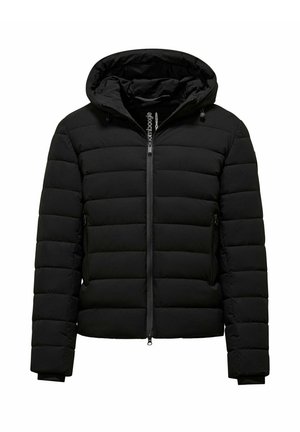 Doudoune noire avec capuche, dotée de sections matelassées horizontales, fermeture éclair à l'avant et deux poches latérales. Texture lisse et design compact.