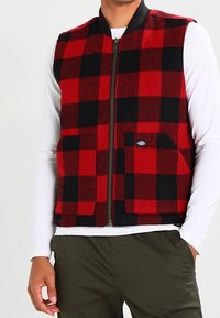 Man som bär en röd och svart rutigt zip-upp väst över en vit långärmad skjorta med gröna byxor, stående med händerna vilande.