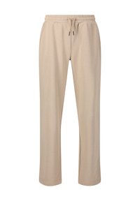 Beige Jogginghosen aus weichem Stoff, mit einem elastischen Bund und Kordelzug sowie geraden Beinen; glatte Textur ohne Muster.