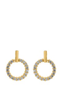 Boucles d'oreilles en or en forme d'anneau présentant un design circulaire, ornées de cristaux transparents le long du bord, mettant en valeur une finition brillante et des accents texturés.