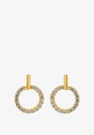 Goldene Creolen mit kreisförmigem Design, verziert mit klaren Kristallen am Rand, die ein poliertes Finish und strukturierte Akzente zeigen.