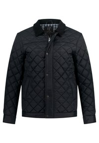 Sort quiltet jakke med et kordfløjlskrave, lynlås og trykknaplukning, med et ternet for og dobbelte frontlommer.