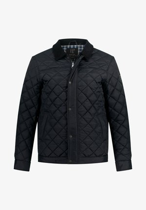 Schwarze gesteppte Jacke mit einem Cordkragen, Reißverschluss und Druckknopfverschluss, mit einem karierten Futter und doppelten Fronttaschen.