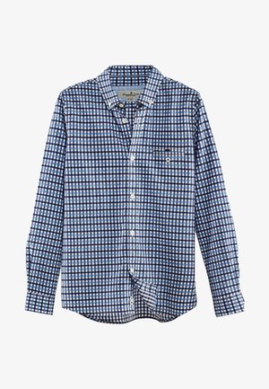 Niebieska i biała koszula w kratę z długim rękawem i kołnierzykiem zapinanym na guziki, z przednią kieszonką i zaokrąglonym dołem. Wykonana z bawełnianego materiału, w regularnym kroju.