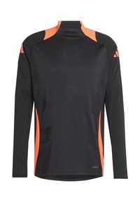 Langarm sportshirt in zwart met oranje accenten. Beschikt over gestructureerde patronen en een hoge kraag. Gemaakt van lichtgewicht stof.