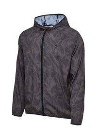 Leichte Kapuzenjacke in Dunkelgrau mit wirbelndem Muster, ausgestattet mit einem durchgehenden Reißverschluss, elastischen Bündchen und einem kontrastierenden blauen Innenfutter.