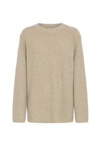 Maglione lavorato a maglia beige con texture a coste, collo rotondo e vestibilità comoda, caratterizzato da dettagli a pannelli distinti sul davanti.
