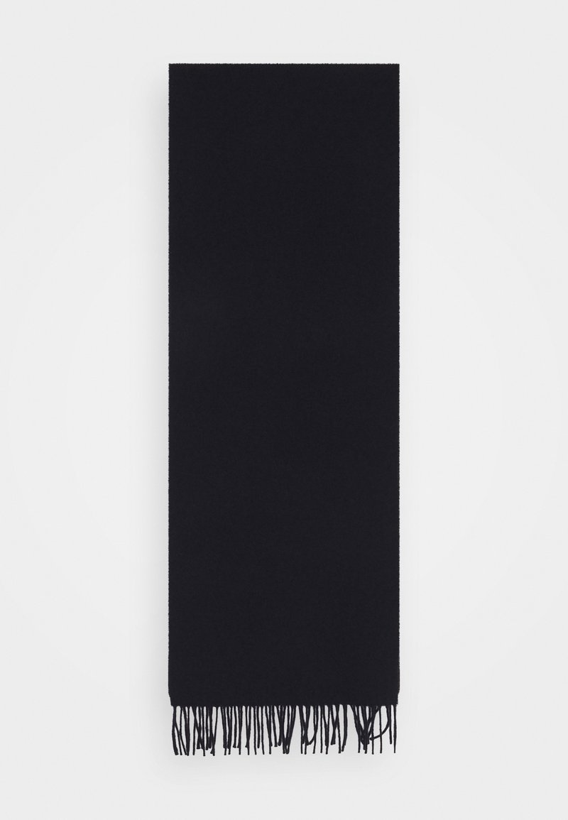 Fular negru dintr-un material moale, cu o formă rectangulară și franjuri la ambele capete. Textură netedă, design minimal.