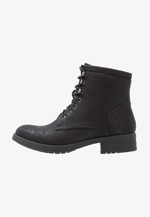 Black ankle boots made of textured synthetic material, featuring a rounded toe, lace-up front, and low stacked heel.