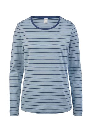Hellblaues Langarmshirt mit marineblauen horizontalen Streifen und rundem Ausschnitt. Weicher Stoff mit glatter Textur.