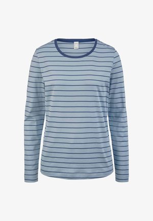 Hellblaues Langarmshirt mit marineblauen horizontalen Streifen und rundem Ausschnitt. Weicher Stoff mit glatter Textur.