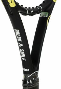 Black tennis racket throat with "BREAK & SMILE" and "prince" text, featuring yellow accents and a green "prince" label sticker.