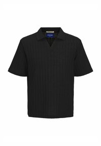 Black short-sleeve polo shirt with a V-neck, ribbed texture, and collar. Features a subtle design with a relaxed fit and clean lines.